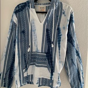 Blue and white poncho with hood